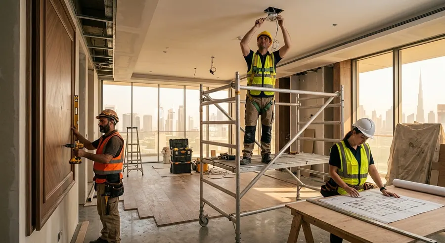 Team of workers performing interior fit-out work on a Dubai renovation site