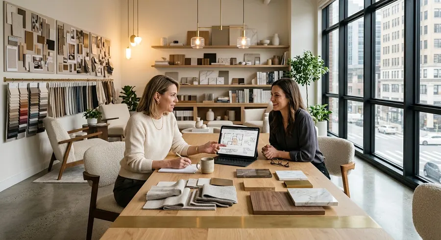 Interior designer and client reviewing material swatches and floor plans in a design studio office