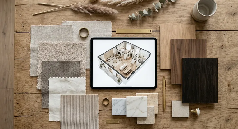 Interior design mood board with fabric, wood and stone samples alongside a 3D floor plan render