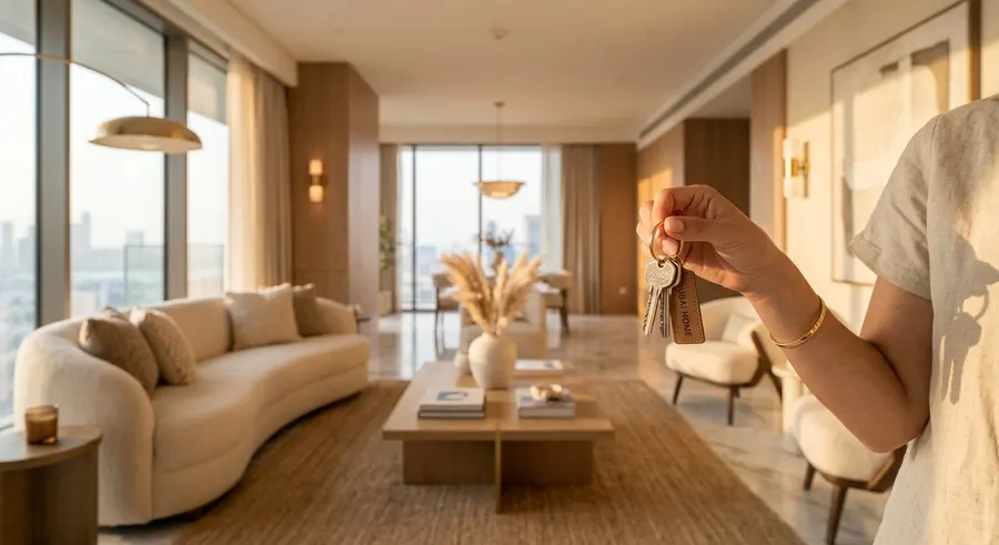 Finished luxury living room with a hand holding the handover keys