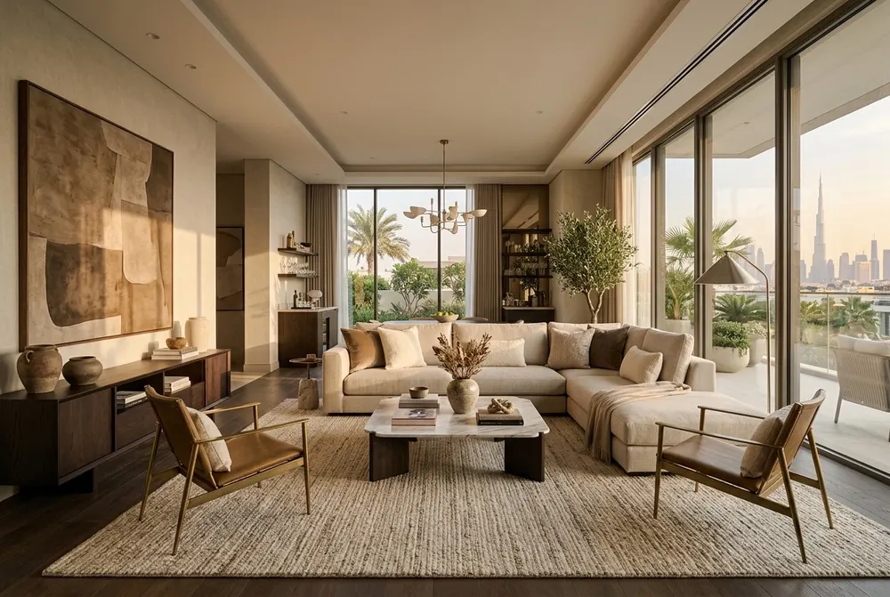 Tastefully curated luxury living room interior design by Zenos Design in Dubai