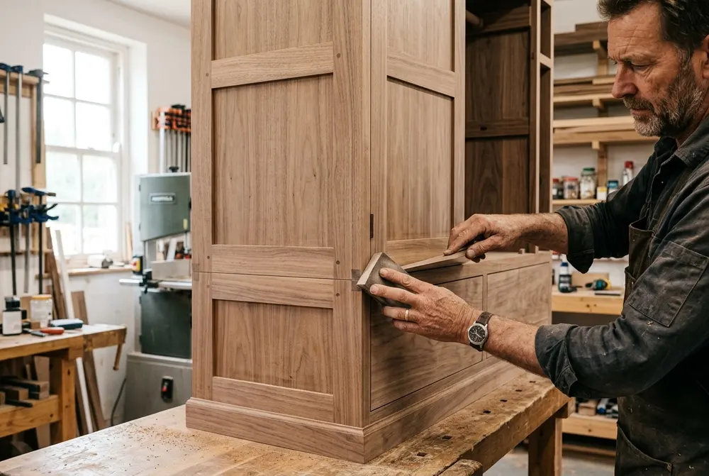 Craftsman finishing a custom bespoke wooden wardrobe by Zenos Design in Dubai